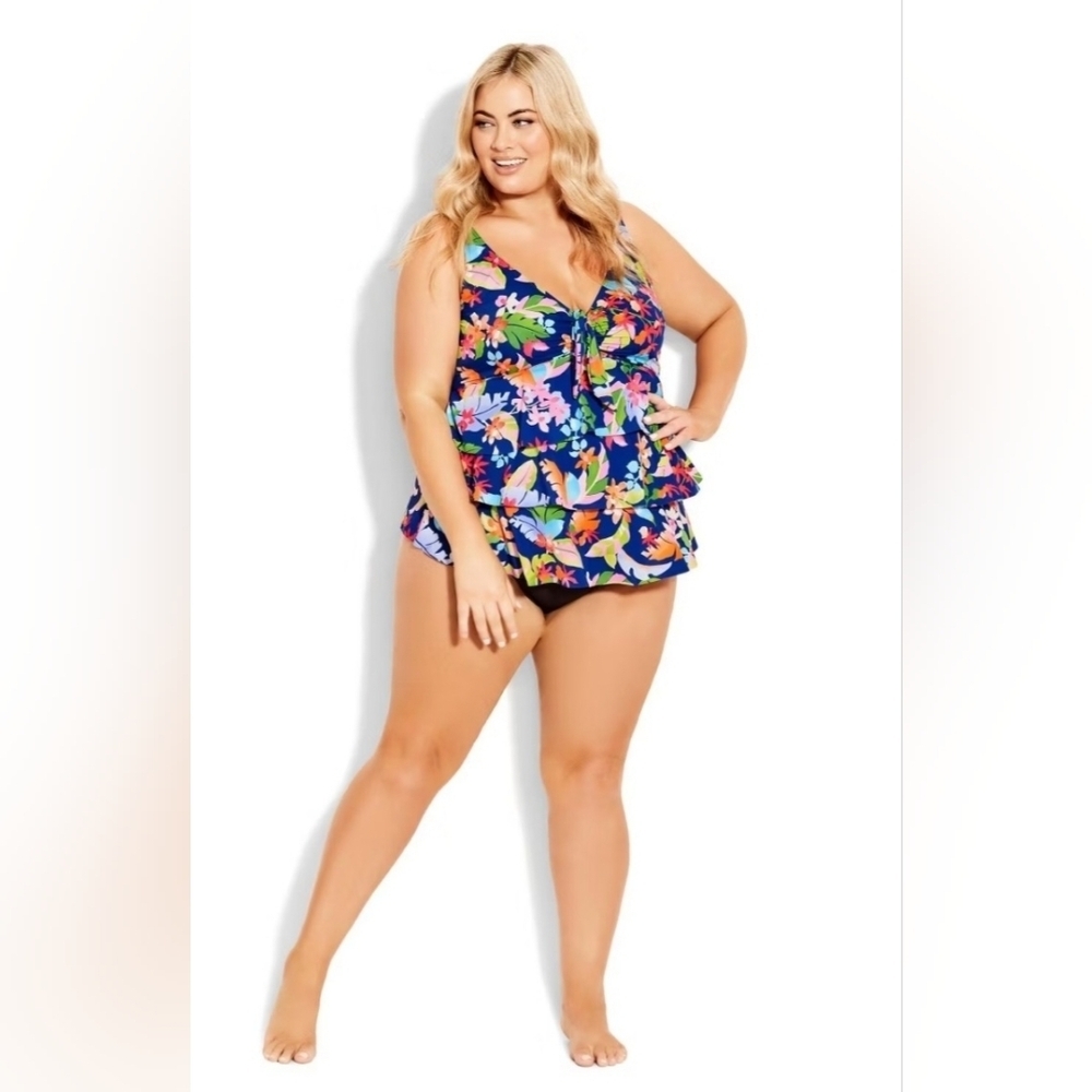NWT Avenue Ruffled Print Tankini Top Bora Bora Tropical Tiered Swimsuit Size 20